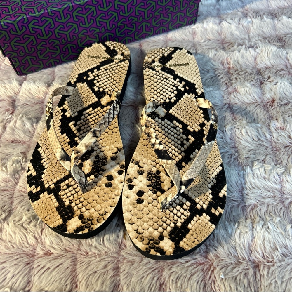 Tory Burch Tan and Black Snake-Print Flip Flops size 8